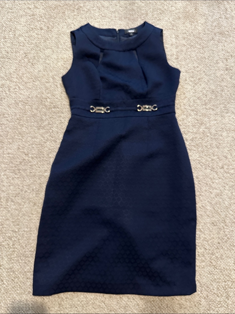 Tahari Navy Sleeveless Sheath Dress with Gold Accent